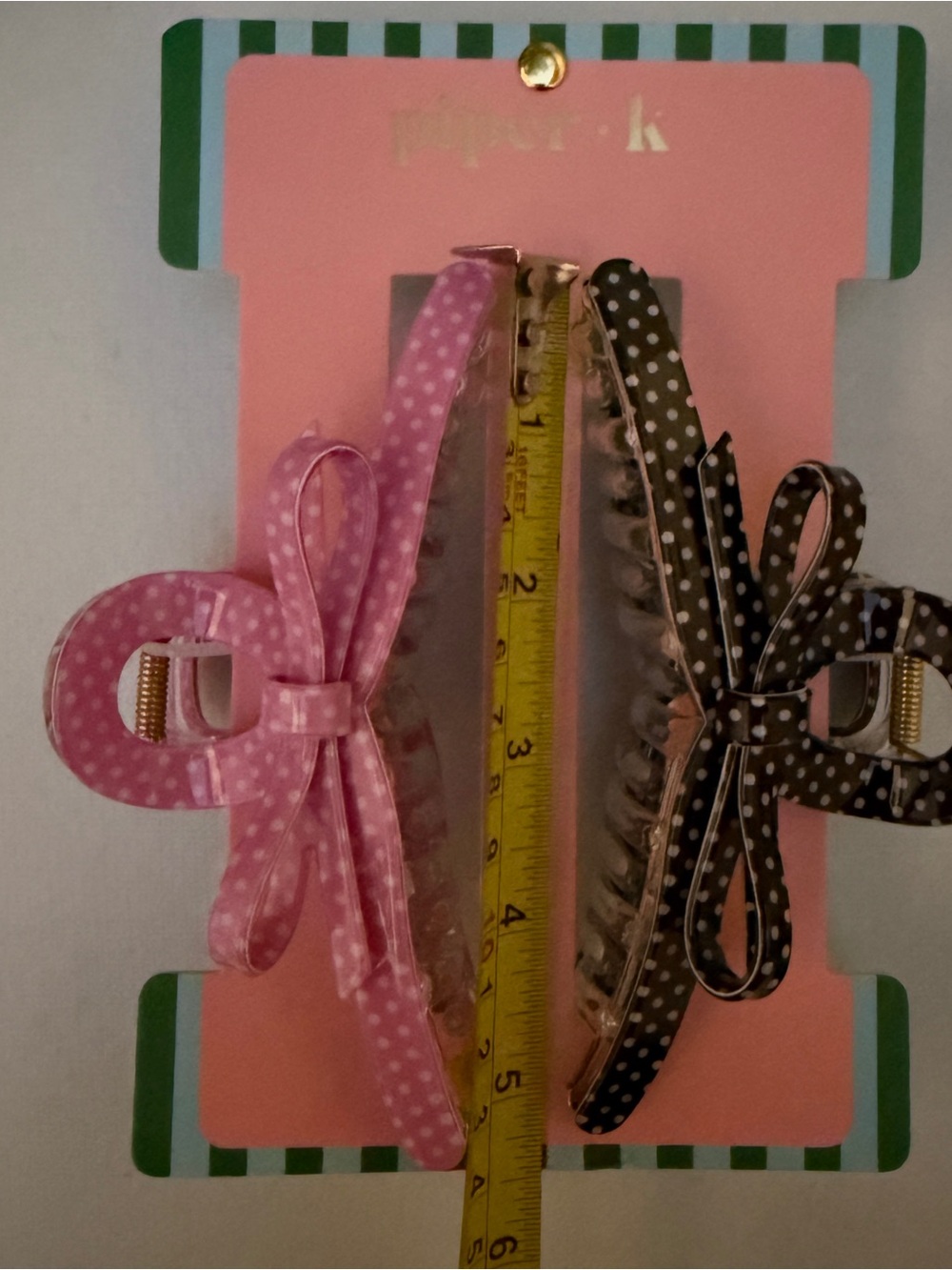 Piper K Polka Dot Bow Hair Claw Clips ~ Pink and Black 2-Pack - Picture 2 of 5